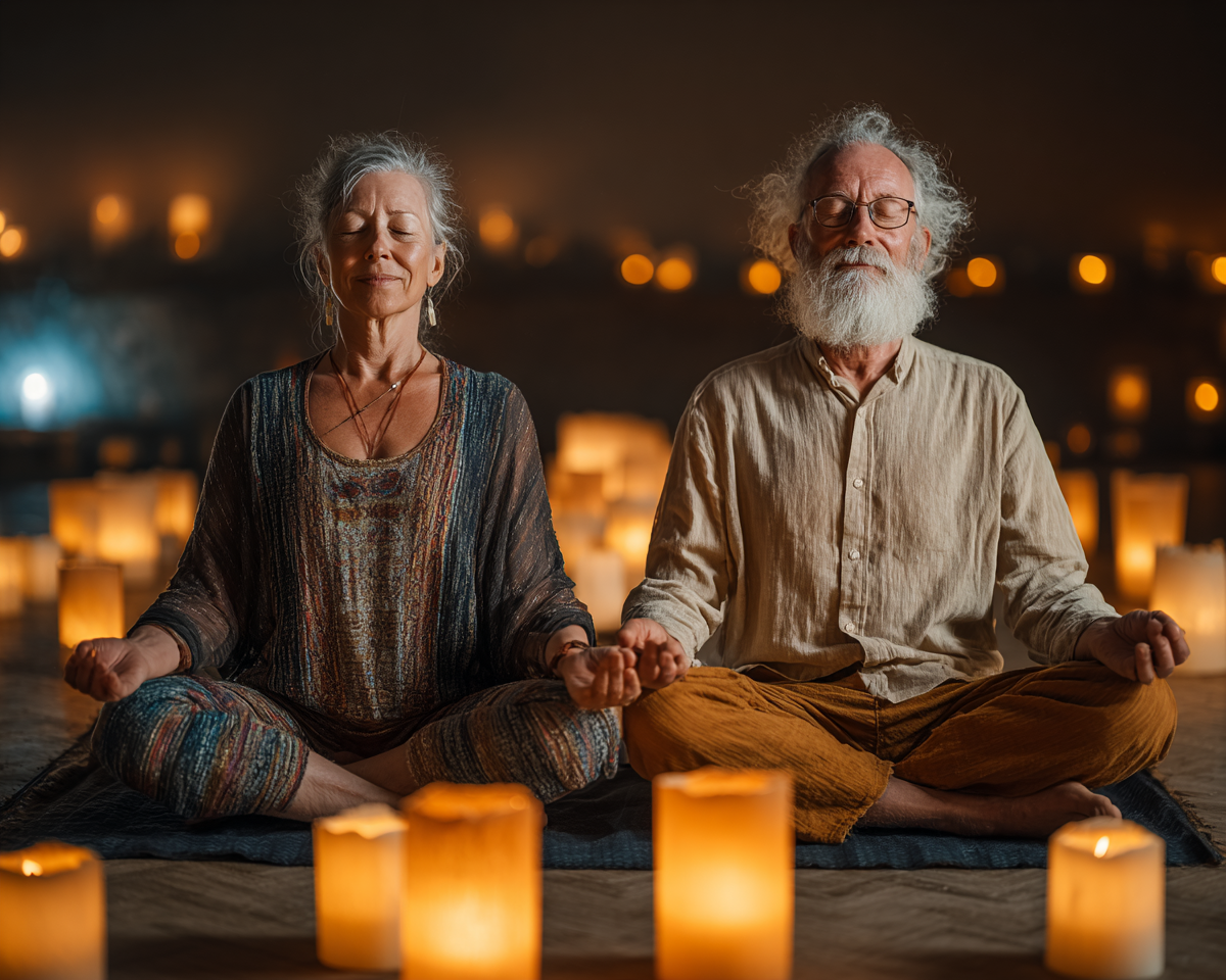 Grup de seniori practicând yoga în aer liber în parc